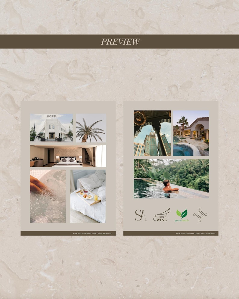 May include: A promotional layout with the word "PREVIEW" at the top. The layout features images of a hotel, a palm tree, a bedroom, a person in a pool, and a tray of food. Logos and website addresses are at the bottom.