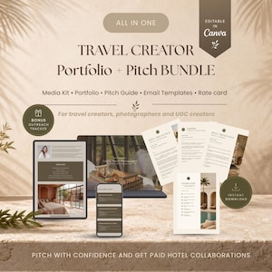 Könnte beinhalten: Ein digitales Bundle für Reise-Ersteller, mit Portfolio, Pitch-Leitfaden und Medienkit. Das Bild zeigt ein Tablet, Telefon und gedruckte Dokumente mit dem Text "TRAVEL CREATOR Portfolio + Pitch BUNDLE". Enthält einen Bonus-Outreach-Tracker.