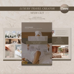 May include: A media kit template for a luxury travel creator. The design features a woman in a white robe reading a newspaper, with images of hotel rooms and services. The text includes "Luxury Travel Creator" and "Media Kit".