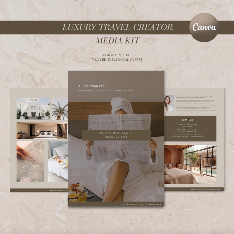 May include: A media kit template for a luxury travel creator. The design features a woman in a white robe reading a newspaper, with images of hotel rooms and services. The text includes "Luxury Travel Creator" and "Media Kit".