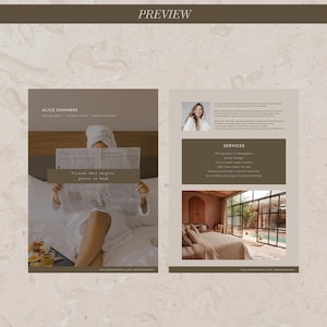 May include: A promotional layout with the word "PREVIEW" at the top. The layout features a woman in a white robe reading a newspaper with the text "Visuals that inspire guests to book." Additional text includes "Alice Sommers" and a list of services.