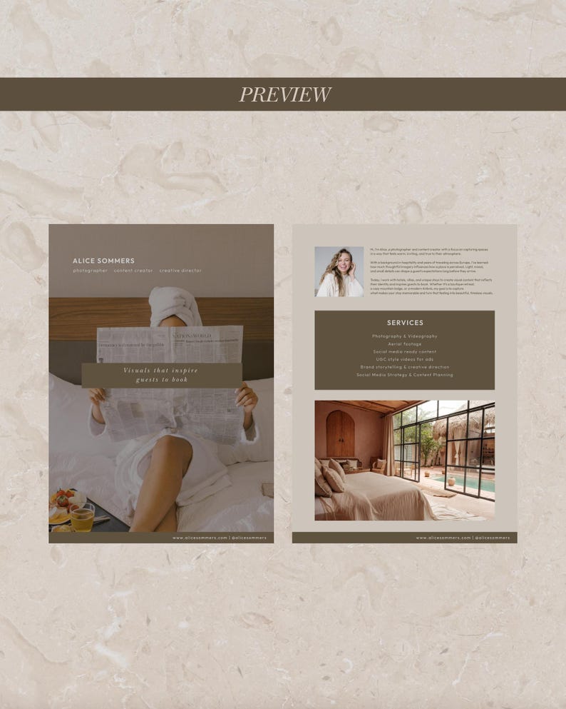 May include: A promotional layout with the word "PREVIEW" at the top. The layout features a woman in a white robe reading a newspaper with the text "Visuals that inspire guests to book." Additional text includes "Alice Sommers" and a list of services.