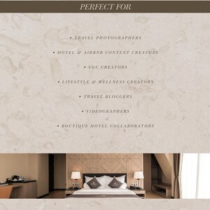 May include: A promotional graphic with the text "PERFECT FOR" at the top, followed by a list of content creators and travel professionals. The bottom of the graphic features a hotel room with a bed and lamps. The text "IF YOU PITCH HOTELS, RETREATS, VILLAS OR TOURISM BRANDS - THIS IS FOR YOU."