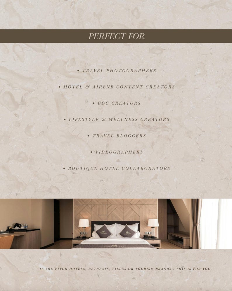 May include: A promotional graphic with the text "PERFECT FOR" at the top, followed by a list of content creators and travel professionals. The bottom of the graphic features a hotel room with a bed and lamps. The text "IF YOU PITCH HOTELS, RETREATS, VILLAS OR TOURISM BRANDS - THIS IS FOR YOU."