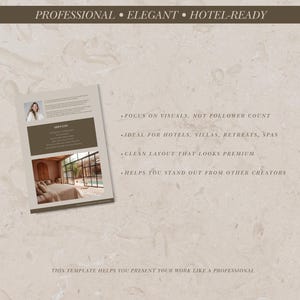 May include: A template design with the words "PROFESSIONAL &bull; ELEGANT &bull; HOTEL-READY" in a dark brown banner. The template includes a photo and text, with bullet points that read "FOCUS ON VISUALS, NOT FOLLOWER COUNT" and "CLEAN LAYOUT THAT LOOKS PREMIUM".