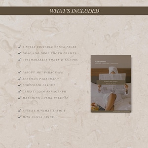 May include: A beige and brown graphic with the text "WHAT'S INCLUDED" at the top. The graphic lists features such as "4 FULLY EDITABLE CANVA PAGES" and "DRAG-AND-DROP PHOTO FRAMES". A smaller image shows a person reading a newspaper.