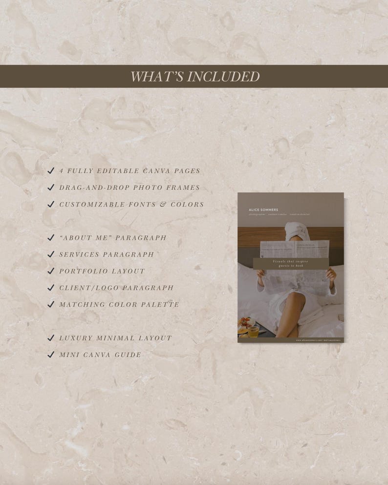 May include: A beige and brown graphic with the text "WHAT'S INCLUDED" at the top. The graphic lists features such as "4 FULLY EDITABLE CANVA PAGES" and "DRAG-AND-DROP PHOTO FRAMES". A smaller image shows a person reading a newspaper.