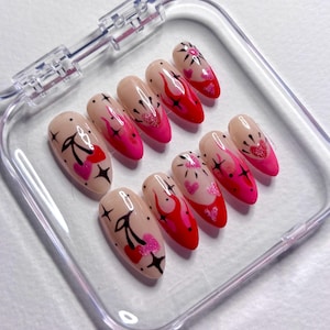 Handmade Pink And Red Alternative Press-on Nails : Cherry Flame Reusable Gel Nails