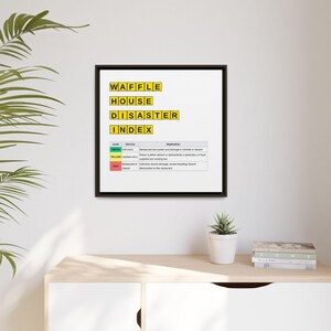 Waffle House Disaster Index Wall Art, Framed Multi-Color Canvas Print, Kitchen Decor, Restaurant Humor, Gift for Foodies