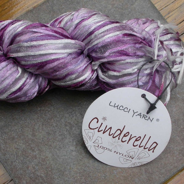 Ribbon Yarn, Lucci Cinderella Purple and Beige Variegated Nylon, Soft, Silky, Bulky Spring and Summer Knitting, Crochet, Shiny Matte