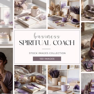 May include: A collection of stock images with a spiritual theme. The images feature amethyst crystals, notebooks, coffee mugs, and lavender. The text in the center reads "business Spiritual Coach Stock Images Collection 150 Images."