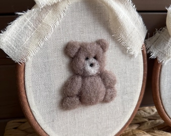 Personalized Teddy Bear Nursery Decor, Needle Felted Embroidery Hoop, Custom Baby Name Wall Art, Newborn Baby Gift