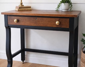 Solid Wood 1940’s Writing Desk with Drawer, Antique Casters, Vintage Console Table