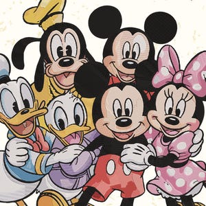 May include: A digital machine embroidery file featuring a group of cartoon characters, including Mickey Mouse, Minnie Mouse, Donald Duck, and Goofy. The image includes the text "MACHINE EMBROIDERY FILE" and file type abbreviations.