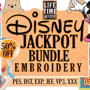Puede incluir: Un gráfico naranja que promociona un Disney Jackpot Bundle Embroidery. El texto incluye "Disney Jackpot Bundle Embroidery" con "50% OFF" y "Acceso de por vida". Se presentan personajes de Disney como Mickey, Minnie Mouse y Blancanieves.