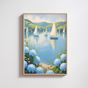 Hydrangea Print Samsung Frame TV Art Summer Frame TV Art Coastal Frame TV Art Floral Sailboat Print Nautical Decor Summer Decor Oil Painting