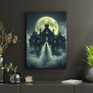 Haunted House Wall Art, Gothic Halloween Printable, Spooky Ghost Decor, Moonlit Haunted Mansion, Creepy Foggy Landscape