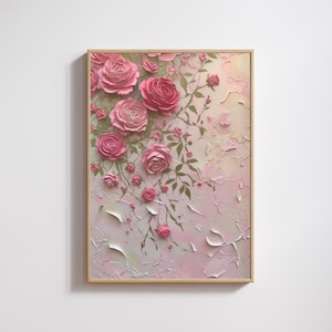 Pink Rose Wall Art Printable – Textured Floral Painting Digital Download, Romantic Shabby Chic Botanical Print for Home Decor