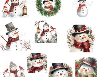 Può includere: Una collezione di illustrazioni ad acquerello con pupazzi di neve. Ogni pupazzo di neve indossa un cappello e una sciarpa, alcuni sono adornati con cardinali, lanterne e vegetazione invernale. I pupazzi di neve hanno nasi di carota e occhi di carbone, evocando un tema invernale festoso.