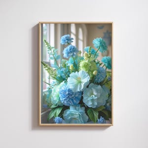 Art mural floral bleu pastel et vert – téléchargement numérique, composition florale élégante, décoration botanique d&#39;intérieur