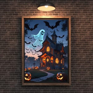 Halloween Haunted House Wall Art | Ghost & Pumpkin Printable | Spooky Bat Decor | Halloween Poster Digital Download | 300 DPI Stand Sizes