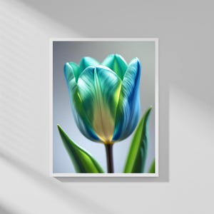 Blue & Green Tulip Floral Wall Art | Modern Southern Botanical Print | Grandmillennial Digital Download | Elegant Preppy Chinoiserie Deco