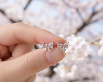 Sterling Silver 925 Pink Bow Stud Earrings Cubic zirconia: Dainty Silver Kawaii Jewelry