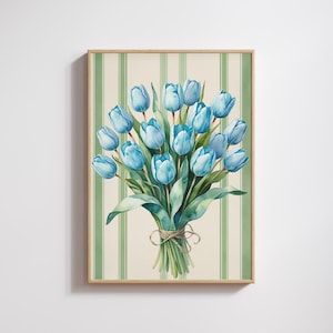 Blue & Green Tulip Floral Wall Art | Modern Southern Botanical Print | Grandmillennial Digital Download | Elegant Preppy Chinoiserie Decor