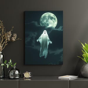 Halloween Ghost Wall Art Printable, Spooky Ghost Under Full Moon, Haunted House Decor, Gothic Horror Art Print, Digital Download