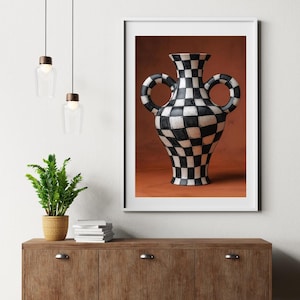 Terracotta Wall Art, Rust Orange Downloadable Print, Checkered, Eclectic Vase Poster Printable Art, Contemporary Boho Home Decor