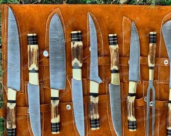 Handgemaakte damaststalen messenset, handvat van hertengewei, koksmessen