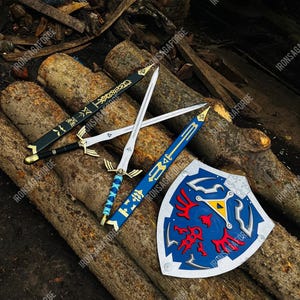 May include: A collection of fantasy swords and a shield, resting on wooden logs. The swords have silver blades and ornate handles, with black, blue, and gold accents. The shield is blue with a red emblem and a yellow triangle.