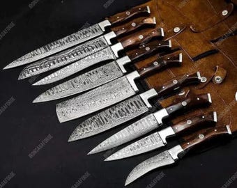 Ręcznie robiony zestaw 9 noży szefa kuchni ze stali damasceńskiej | Uchwyt z drewna