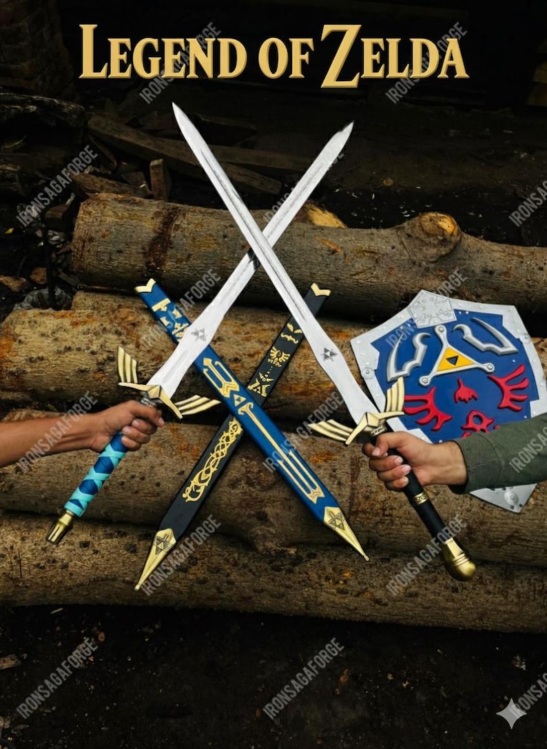 May include: An image featuring swords and a shield with a blue and gold design, inspired by the Legend of Zelda. The swords are silver with gold accents and blue handles. The shield is blue with a red and yellow emblem. The text "LEGEND OF ZELDA" is at the top.