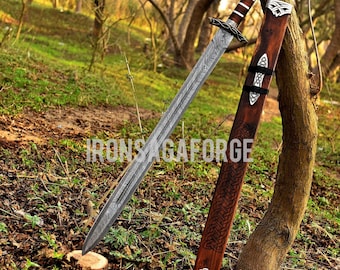 Handmade Damascus Steel Viking Northman Medieval Long Sword Norse Wall Hanging Sword Groomsmen Gift, Birthday, Anniversary Gift For Husband