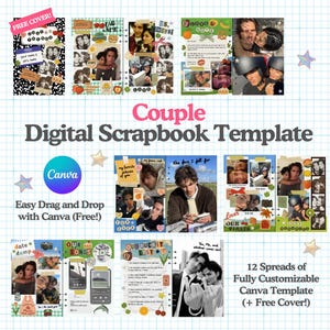 Plantilla de álbum de recortes para parejas / Plantilla de collage de fotos personalizable de Canva / Álbum de recortes de amor y recuerdos para parejas / Álbum de recortes digital DIY
