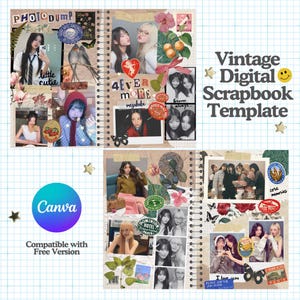 Puede incluir: Una plantilla de álbum de recortes digital con estética vintage. La plantilla presenta una variedad de imágenes, incluyendo fotos de personas, flores y texto. La plantilla está diseñada para ser utilizada con la aplicación Canva.