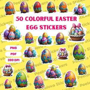 50 Colorful Easter Egg Stickers, Printable Stickers, Easter Stickers, Easter Egg, Stickers PNG, Easter Gift, Digital Download, Colorful Egg