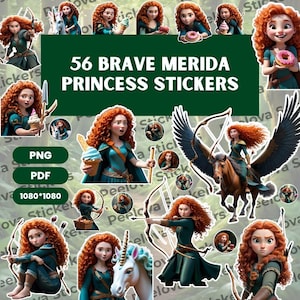 56 Brave Merida Princess Stickers, Printable Stickers, Merida Stickers, Princess Stickers, Stickers PNG, Brave Merida Stickers, Girl Sticker