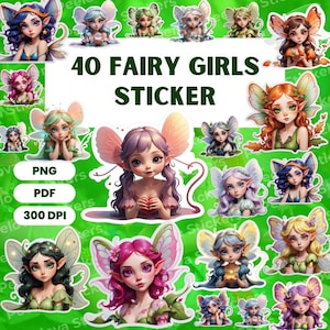 40 Fairy Girls Sticker, Printable Stickers, Fairy Stickers, PNG Stickers, High Quality Stickers, Pixie Sticker, Digital Download