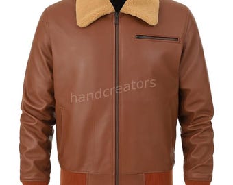 Chaqueta bomber de cuero marrón con cuello sherpa para hombre
