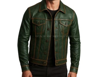 Men’s Trucker Green Leather Jacket  – Genuine Leather,  Chest Pockets, Contrast Trim