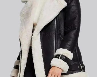 Women's Black Shearling Aviator Leather Jacket – Asymmetrical Zip, Belted Cuffs, Winter Streetwear