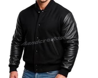 Men's Wool Varsity Jacket with Leather Sleeves