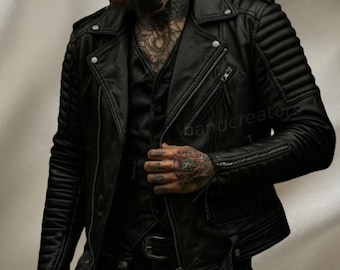 May include: Black leather motorcycle jacket with a quilted design on the shoulders and sleeves. The jacket features a notched collar, multiple zippered pockets, and a front zipper closure. The style is classic and edgy.