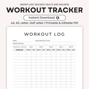 May include: A printable workout tracker with the title "WORKOUT TRACKER" in bold black font. The document includes sections for date, muscle group, and workout log details. It is designed for A4, A5, Letter, and Half Letter sizes.
