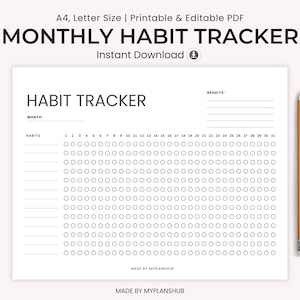 Monthly Habit Tracker Printable Landscape, Habit Tracker Template, Task Tracker, Routine Tracker, 30 Day Habit Challenge, Instant Download