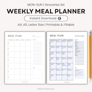 Planificateur de repas hebdomadaire avec liste de courses, menu 7 jours, modèle imprimable, planificateur de modes de vie sains, planificateur d'aliments, suivi des repas, remise en forme, A4/A5