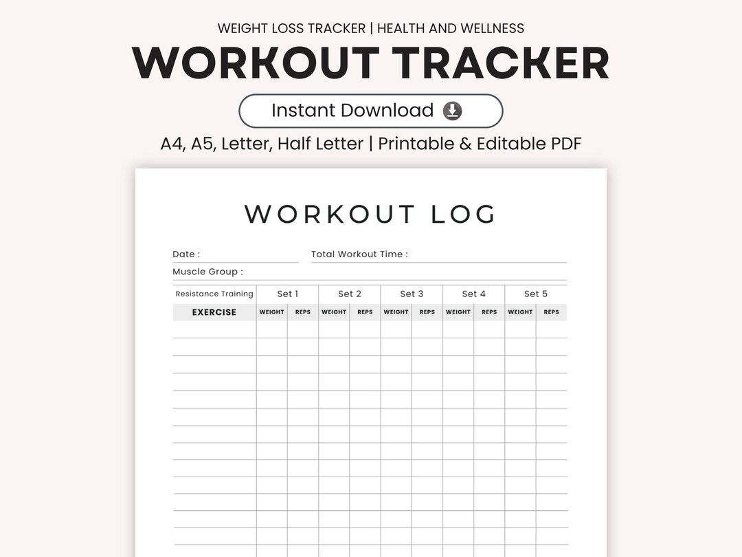 Workout Tracker Printable, Workout Planner, Exercise Log, Weight Loss