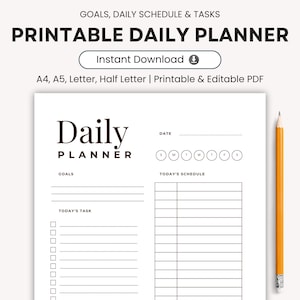 Printable Daily Planner Template PDF, Daily Schedule, Minimalist Planner, Printable To Do List, A4/A5/Letter/Half Size, Instant Download